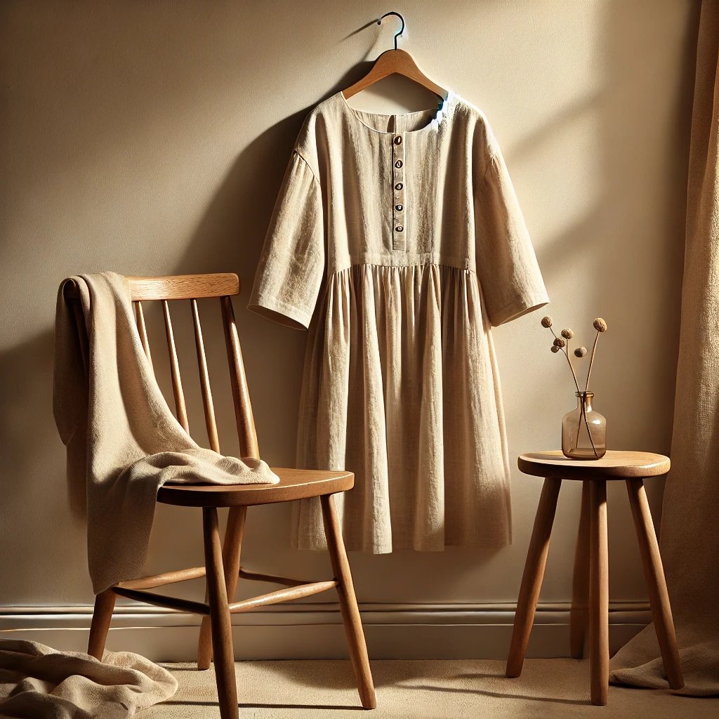 Elegant restored vintage linen dress in soft neutral tones